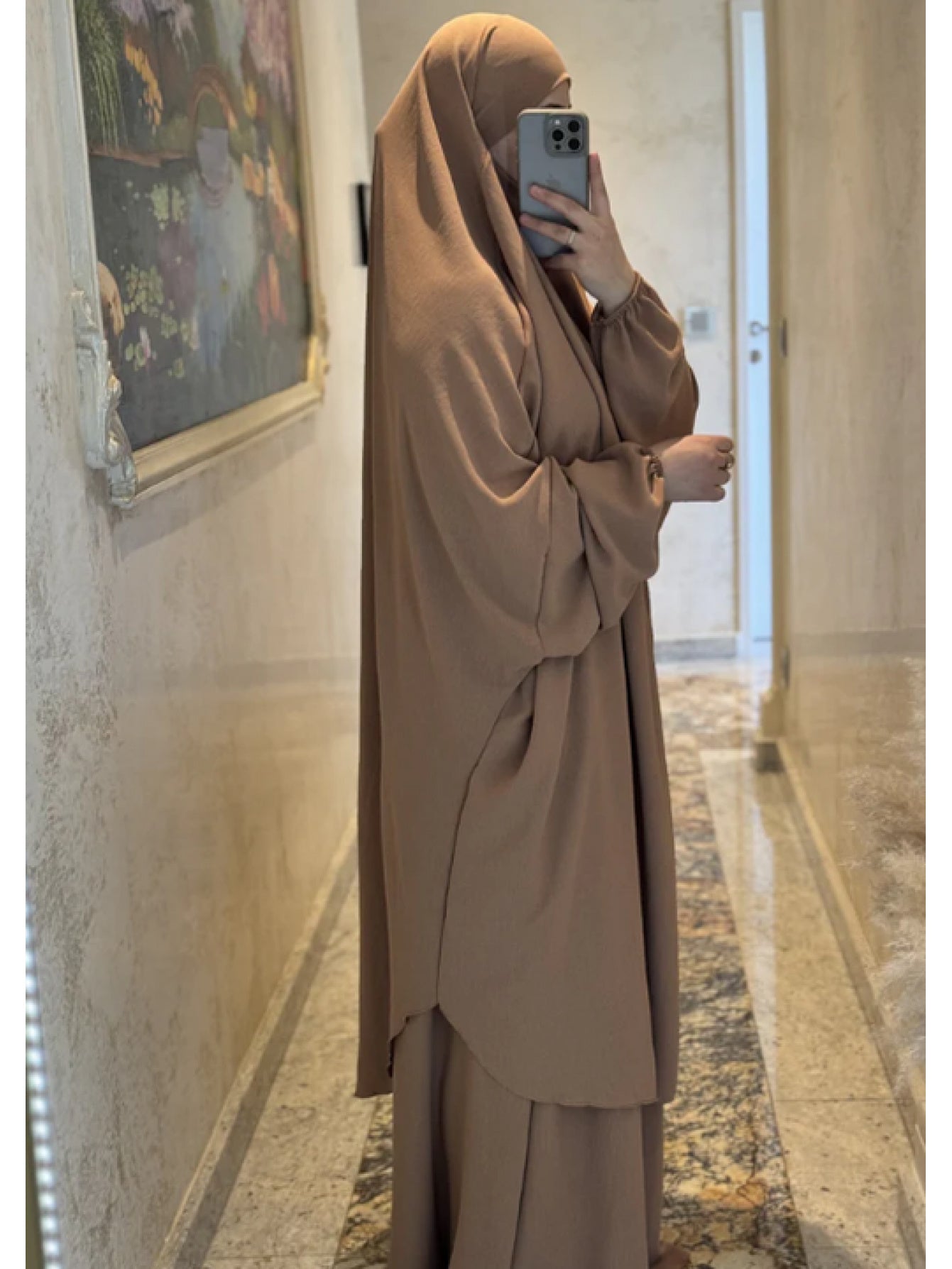 Plus Size, Women's 2pcs Islamic Abaya Prayer Dress & Hijab Set - Modest Turkish Kaftan with Long Flowing Batwing Sleeves, Boat Neck & Full Coverage, Loose Floor-Length Dress in Beige