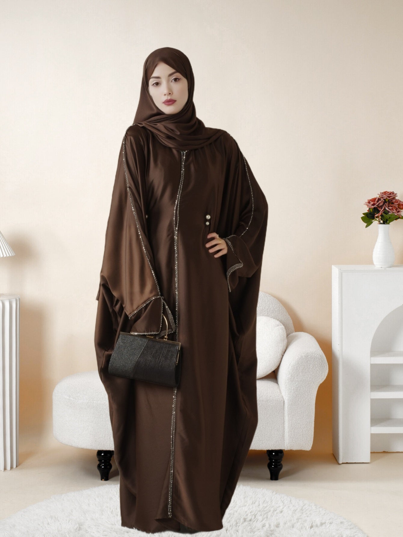 Batwing Emirati Abaya with Matching Hijab | Batwing Sleeve Abaya – Elegant Middle Eastern Arab, Islamic Style Shawl Robe Dress for Women, Long Skirt, Ramadan Prayer Outfit
