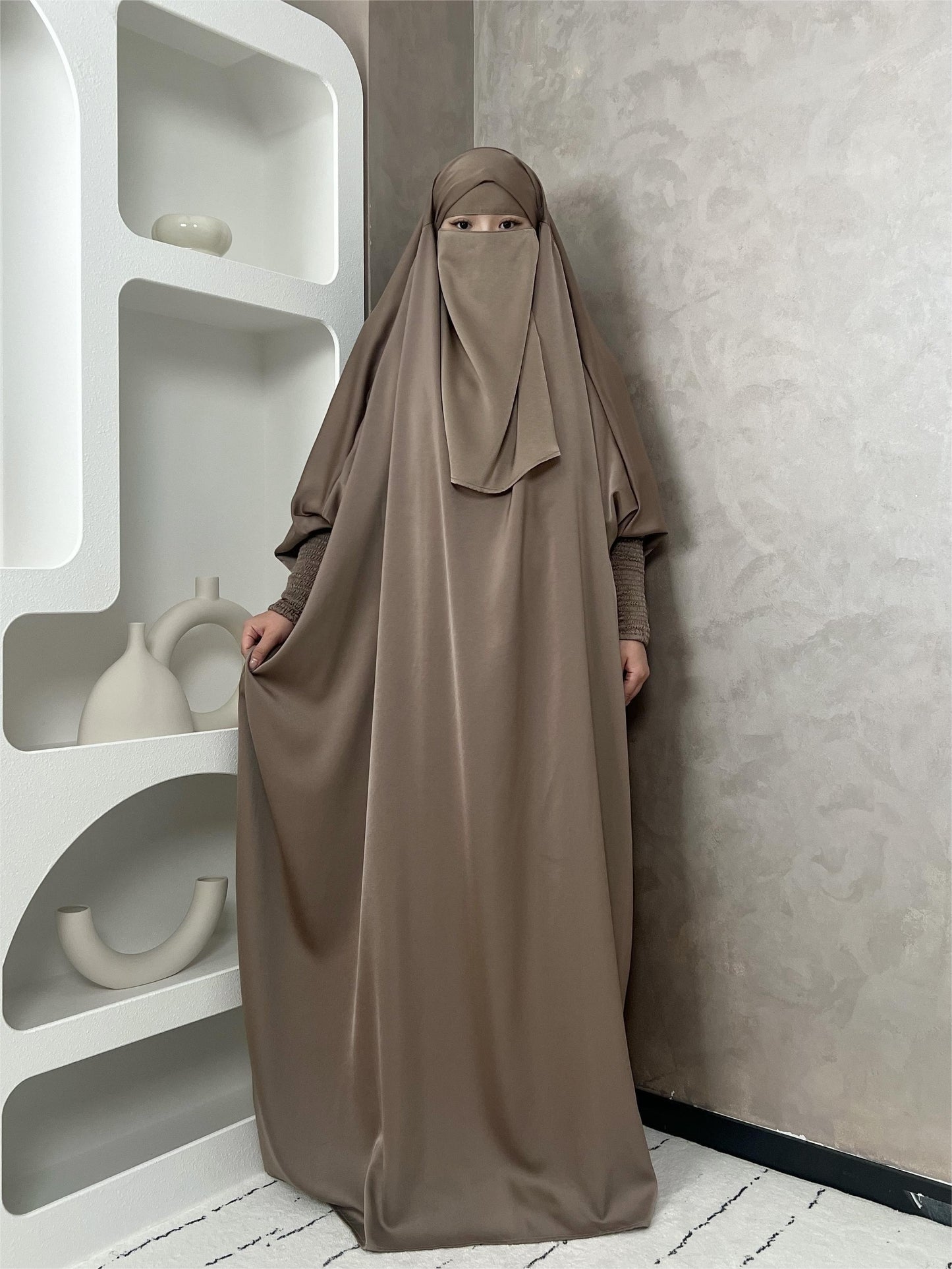[Satin Modesty Dress] Free Size Satin One Piece Modesty Abaya Burkha - Jilbab Niqab Attached