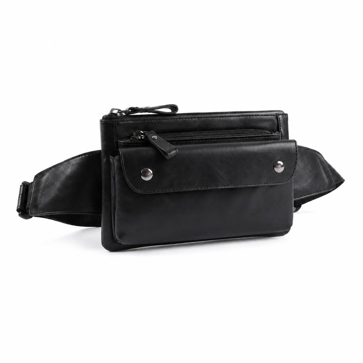 Black Multi-Pocket Leather Waist Bag