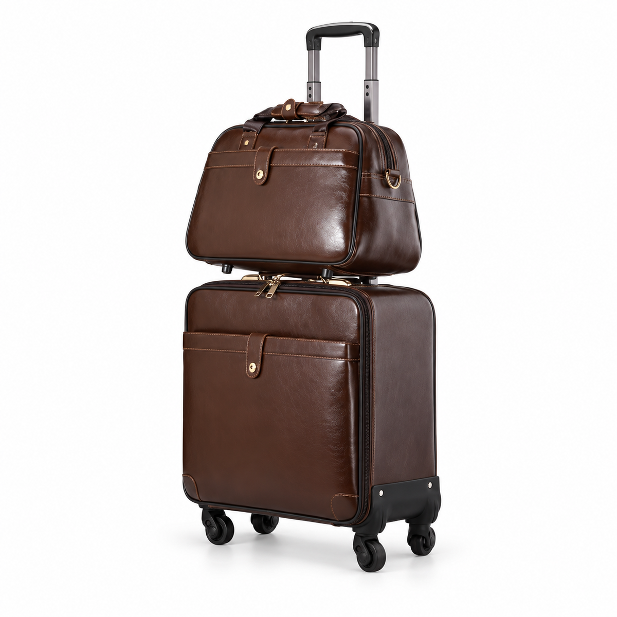 Classic Brown Leather Trolley Luggage Set