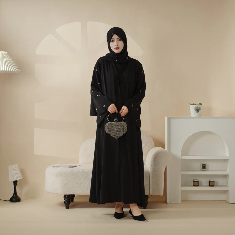 Tulip Embroidery Open Abaya 4pcs set: Includes open abaya, inner dress, matching belt, and hijab