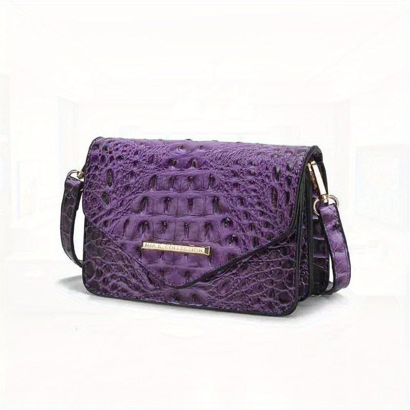 Saddle Croc-Embossed Leather Crossbody Shoulder Bag - Top-Grain Genuine Leather, Detachable Strap, Zipper Closure