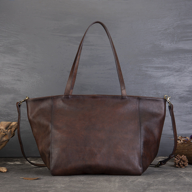 Tanned Cowhide Large Capacity Tote Bag, Genuine Leather One-Shoulder Cross-Span Bag Women's Large Bag Shopping Bag
