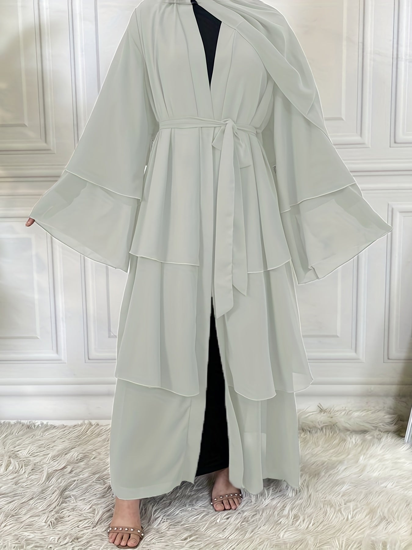 Ramadan Layered Open Front Modest Pakistani Abaya, Long Sleeve Muslim Dress With Belted, Without Hijab, Women's Clothing