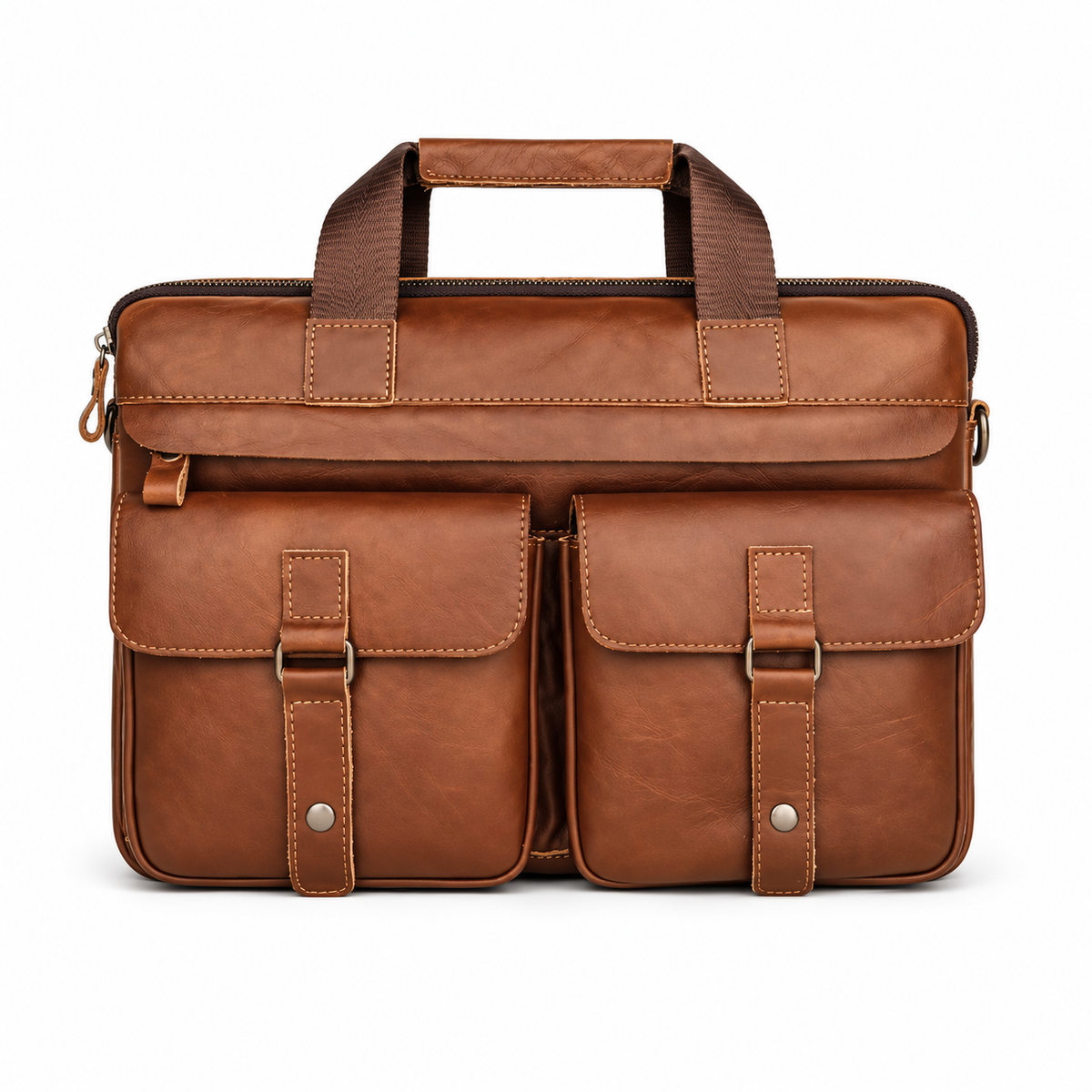 Classic Cognac Leather Briefcase With Pockets