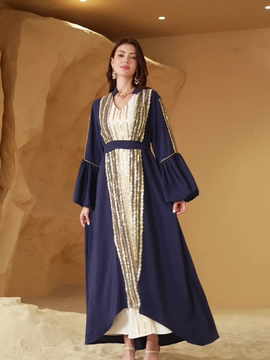 Elegant Blue & Golden Sequin Modern Abaya for Women - Long Sleeve, Lantern Sleeves, Belted Waist, Geometric Pattern, Loose Fit, Perfect for Spring/Summer/Fall Celebrations