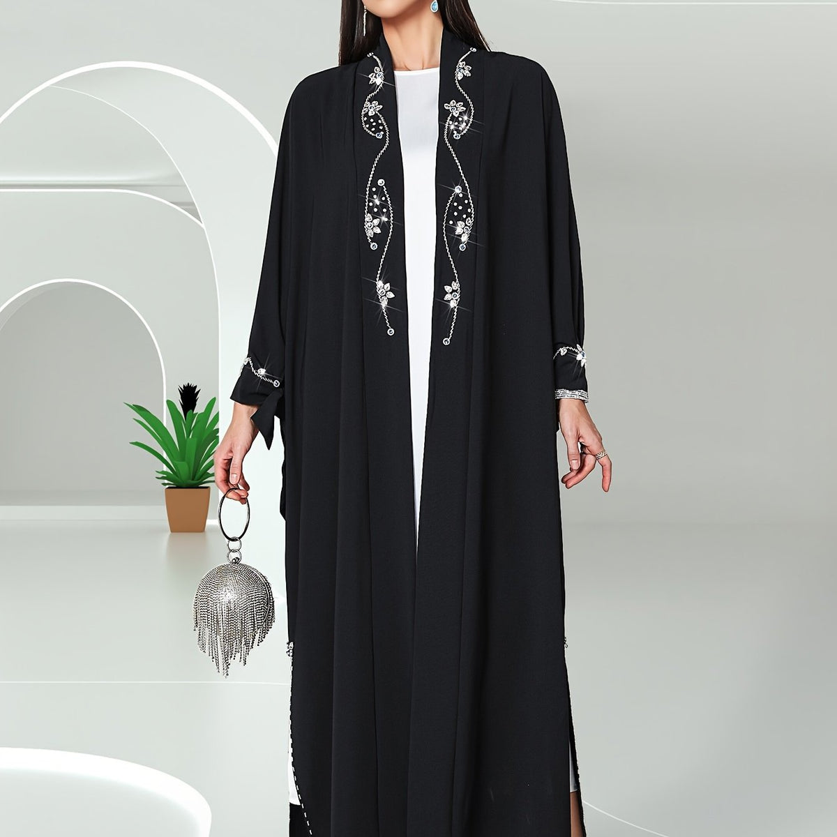 Hand-Sewn Rhinestone-Embellished Oversized Emirati Abaya - Middle Eastern-Inspired Elegance Collection, Solid Color Longline Cover-Up for Casual & Formal Wear, Hand Wash Only, Formal Coverup
