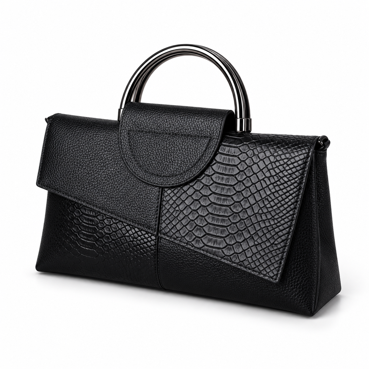 Black Leather Evening Clutch Metal Handles