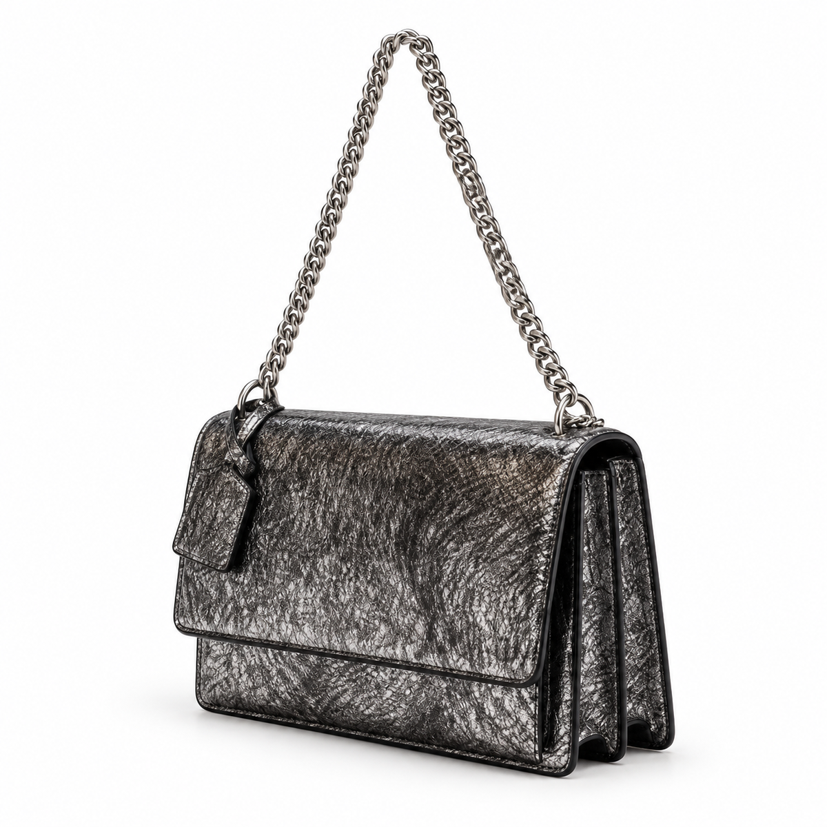Metallic Silver Textured Chain Shoulder Bag