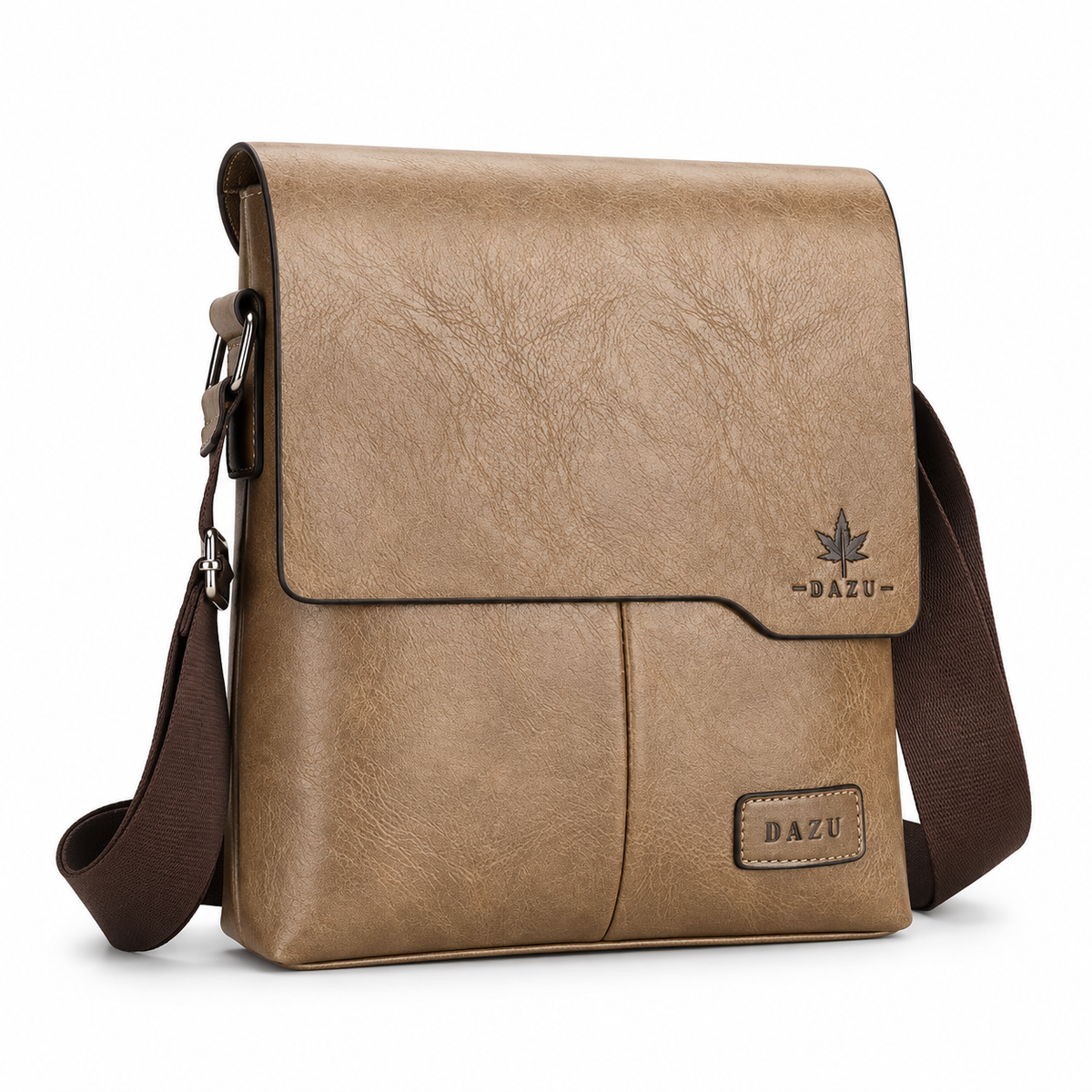 Khaki Textured Leather Crossbody Messenger Bag