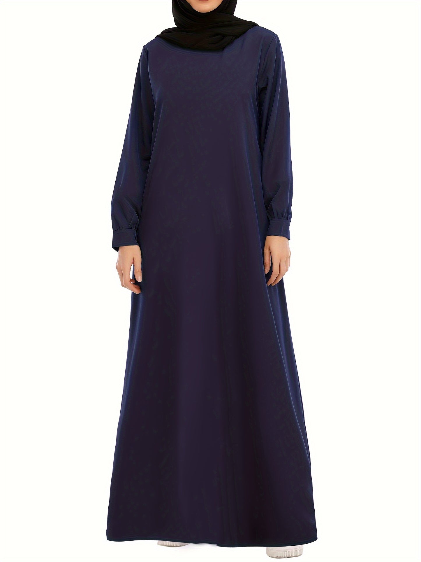 Ramadan Crew Neck Long Sleeve Modest Arabic Abaya, Solid Color Zipper Maxi Length Dress, Women's Clothing