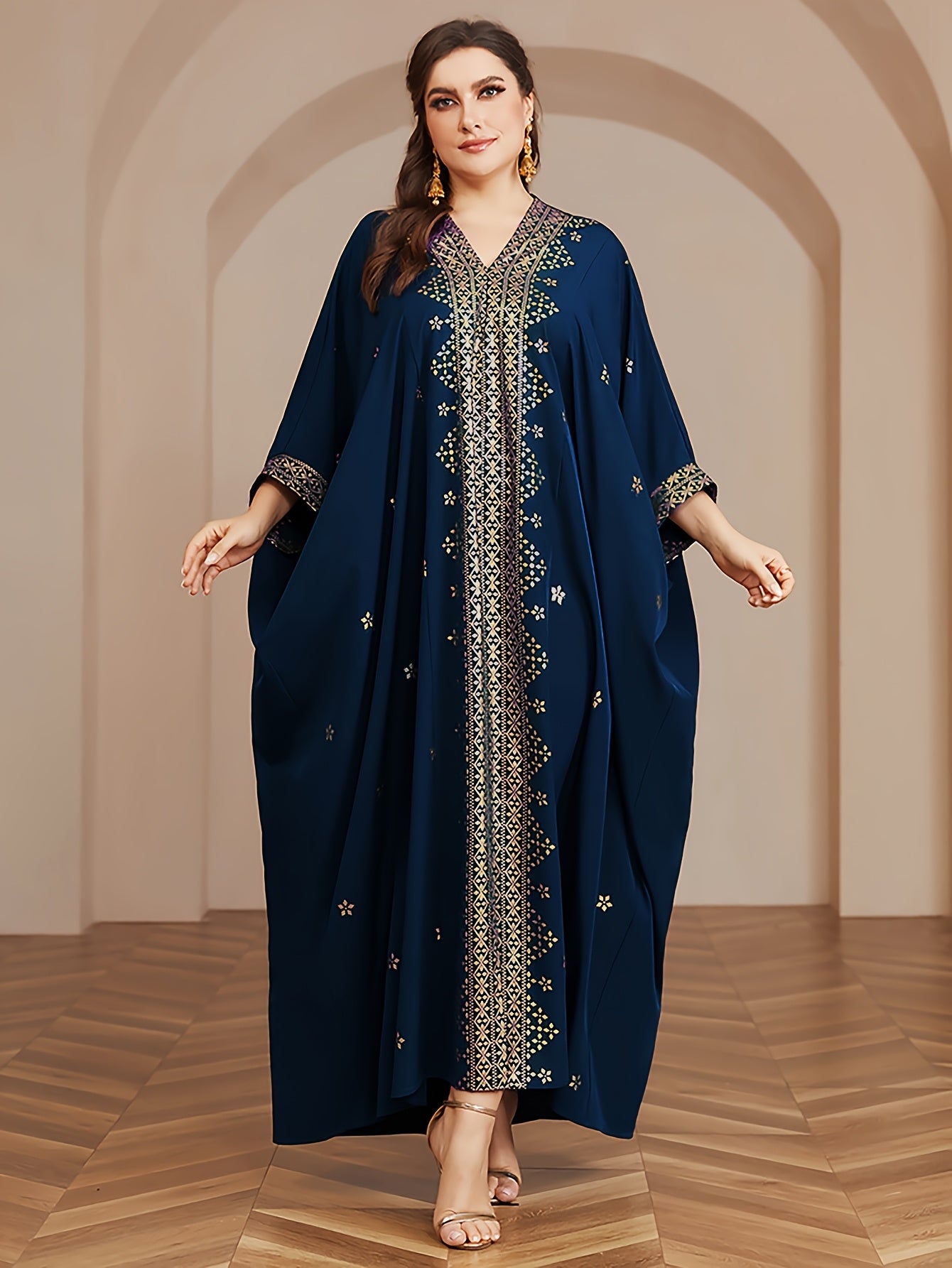 Polyester Long Kaftan | V-Neck Tribal Pattern Woven Non-Stretch, Middle East Golden Tassel, Batwing Sleeve Abaya, Plus Size, All Season