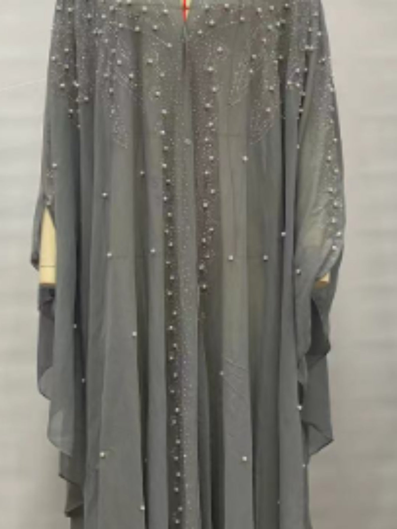 Women's Elegant Long Kaftan Dress with Bat Sleeves & Hooded Rhinestone Cape Abaya - Loose Fit Sheer Polyester Arab-Inspired Gown for All Seasons, Machine Washable