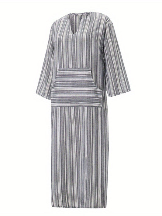 Women's Loose Dresses Striped V Neck Caftans 3/4 Sleeve Casual Loose Maxi Beach Dress with Pockets