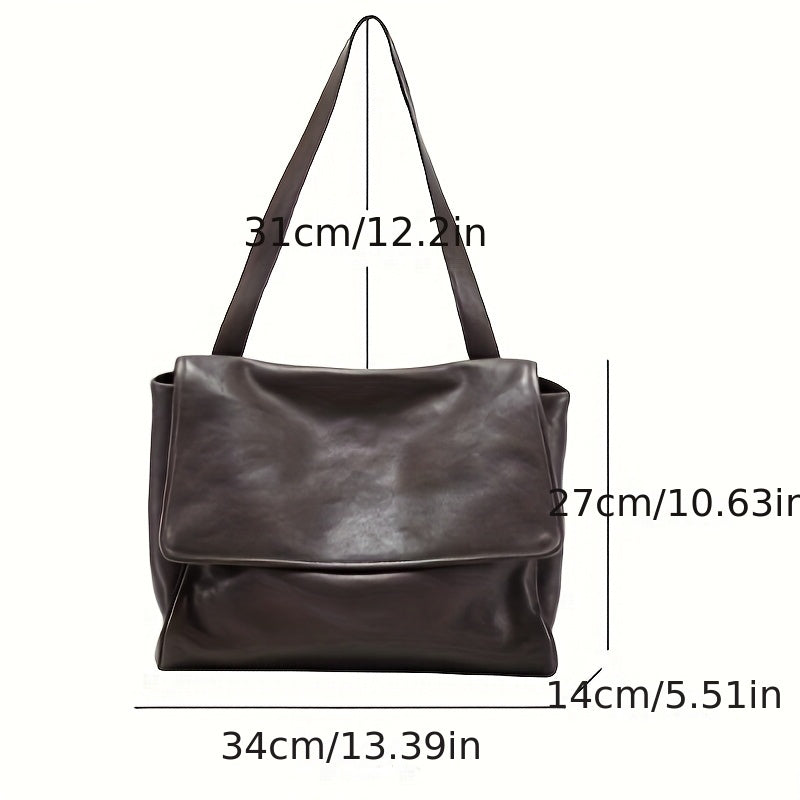 Top-Grain Vintage Genuine Leather Tote Messenger Bag - Flap Closure, Fixed Shoulder Strap, Large Capacity