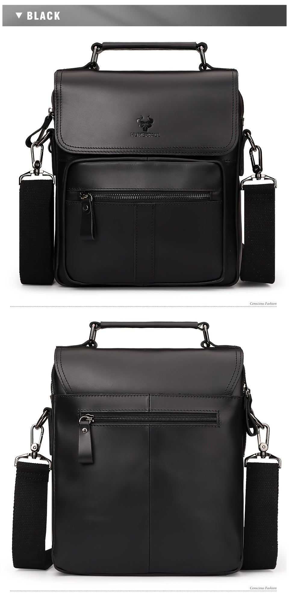 Men's Genuine Crazy Horse Leather Crossbody Bag - Adjustable Shoulder Strap, Multiple Compartments, Black Messenger Bag for Outdoor Travel & Business