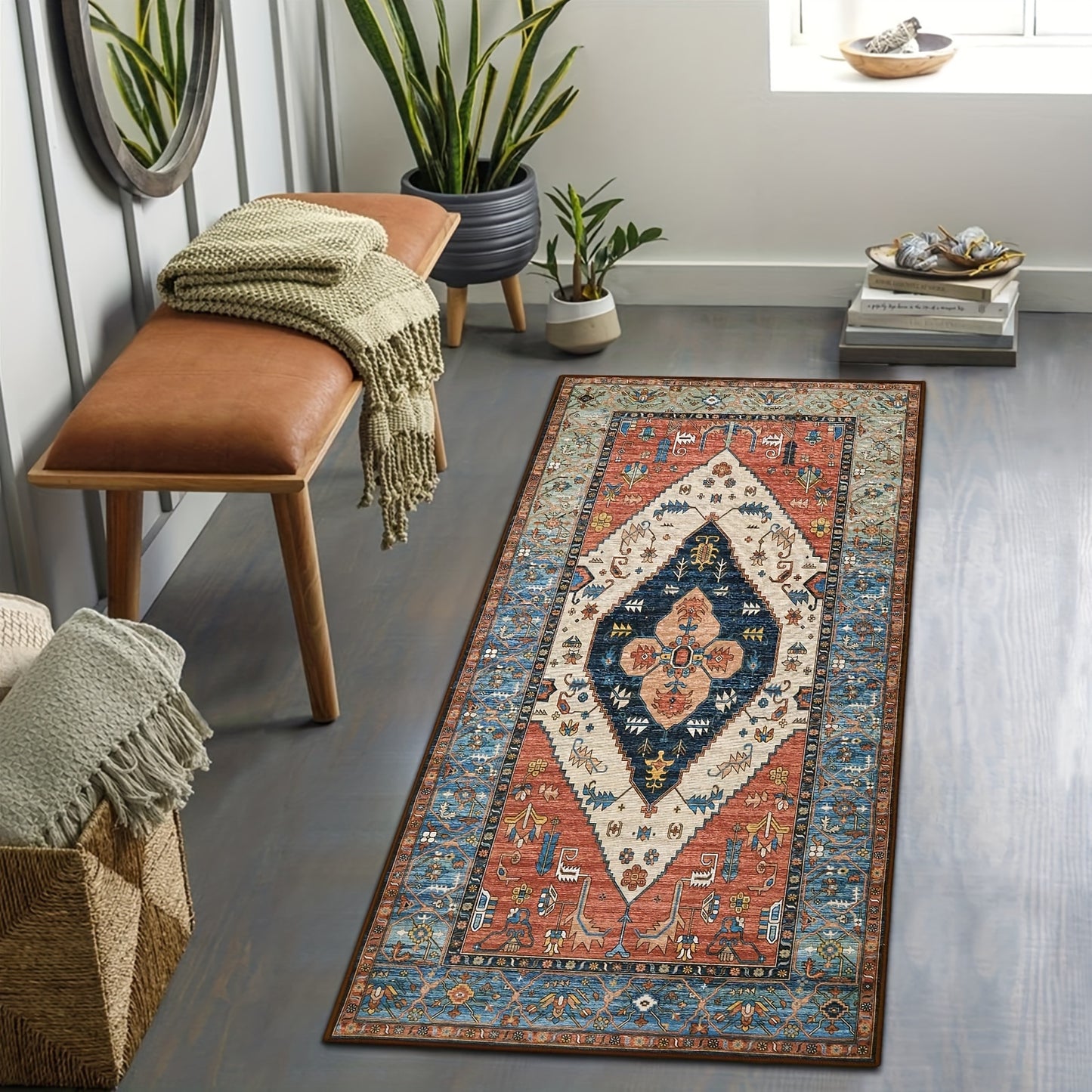[Vintage Boho Carpet] Colorful Polyester Vintage Boho Washable Mat Runner | Floral & Geometric Design, Perfect for Hallways, Kitchens, Bedrooms, and Entryways Rugs