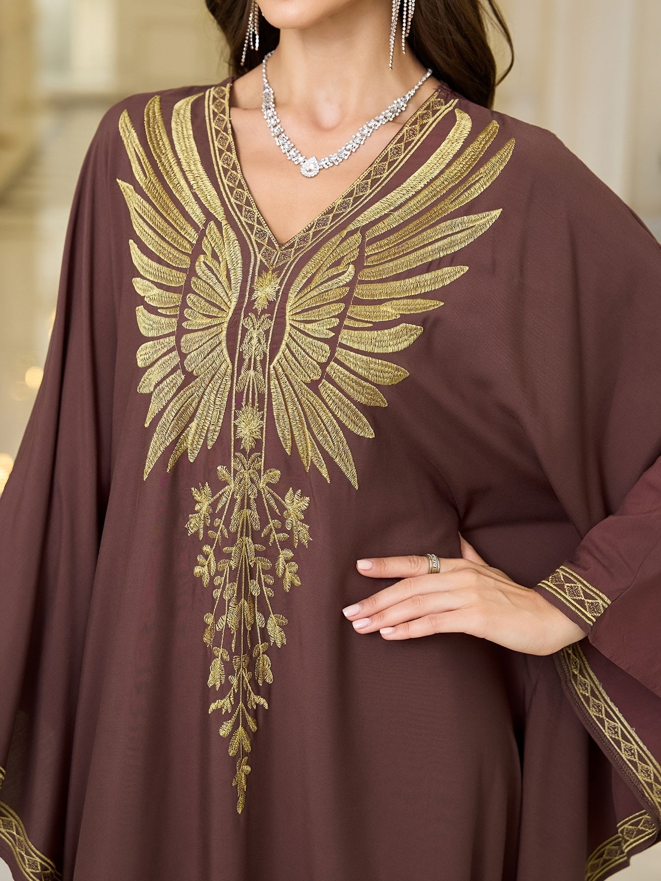 Women's Plus-Size Maxi Dress - Elegant Brown & Golden robe-like gown with Long Batwing Abaya Sleeves, Non-See-Through Formal/Beach/Evening Dress for Women