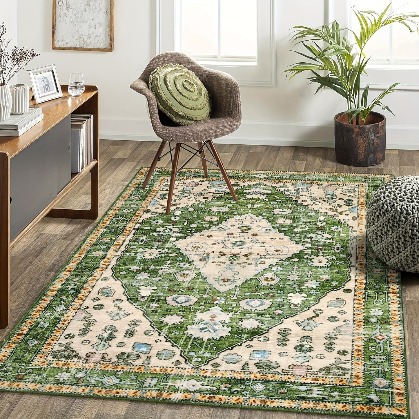 Boho Tribal Area Mat - Distressed Green Machine Washable & Non-Slip 100% Artificial Fur Mat, Large Sizes up to 2.16m² for Entryway, Bedroom, Living Room, Office - Bohemian Indoor Floor Rugs, Entryway Decor, Large Area Carpet