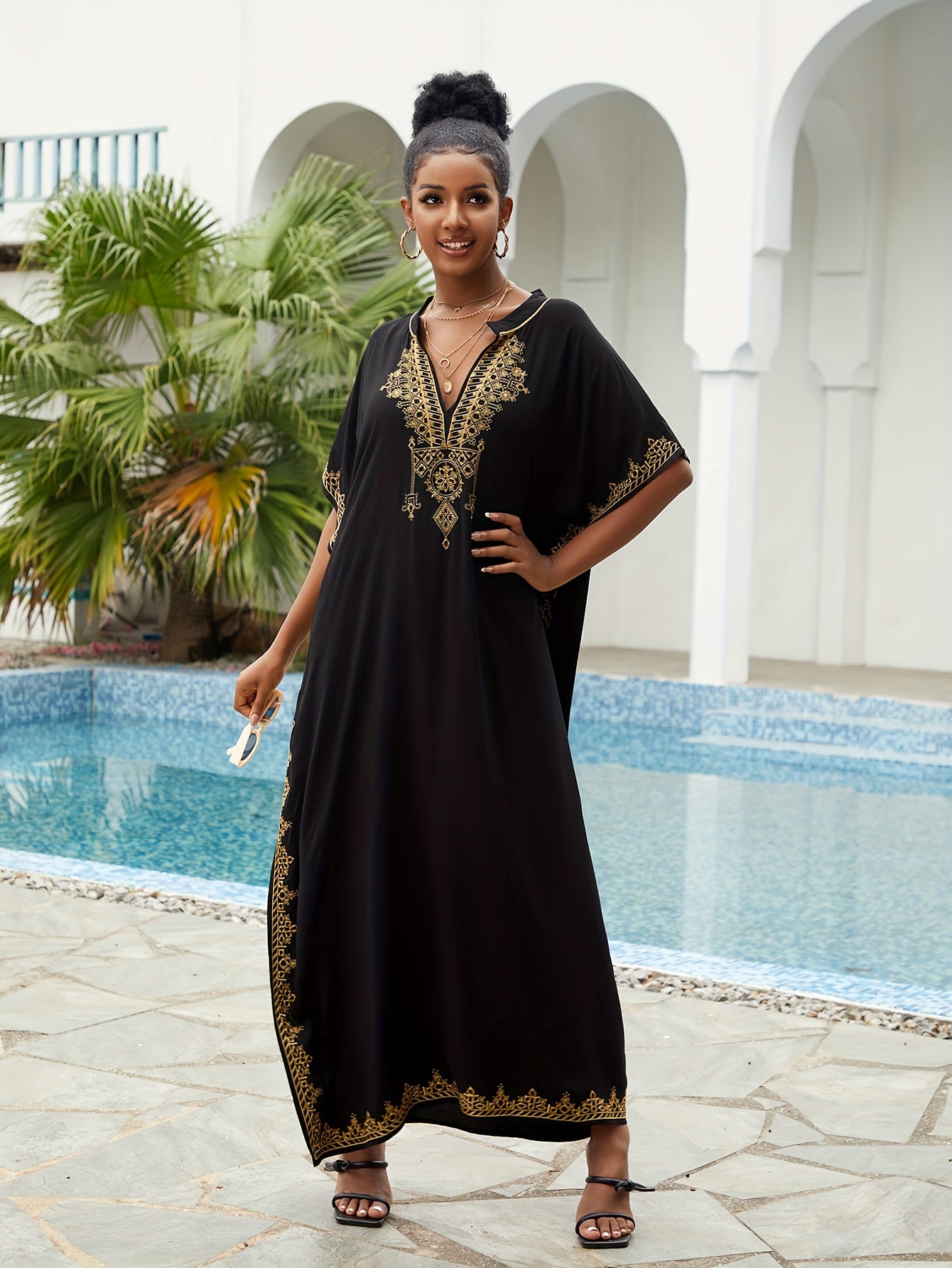 Batwing Sleeve House Kaftan Dress | Embroidery Batwing Sleeve House Kaftan Dress