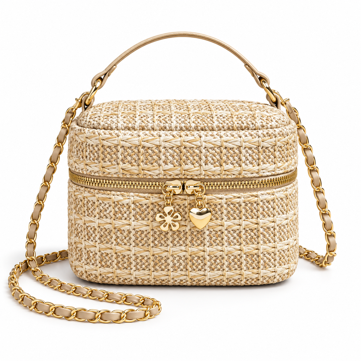 Beige Woven Crossbody Bag With Charms