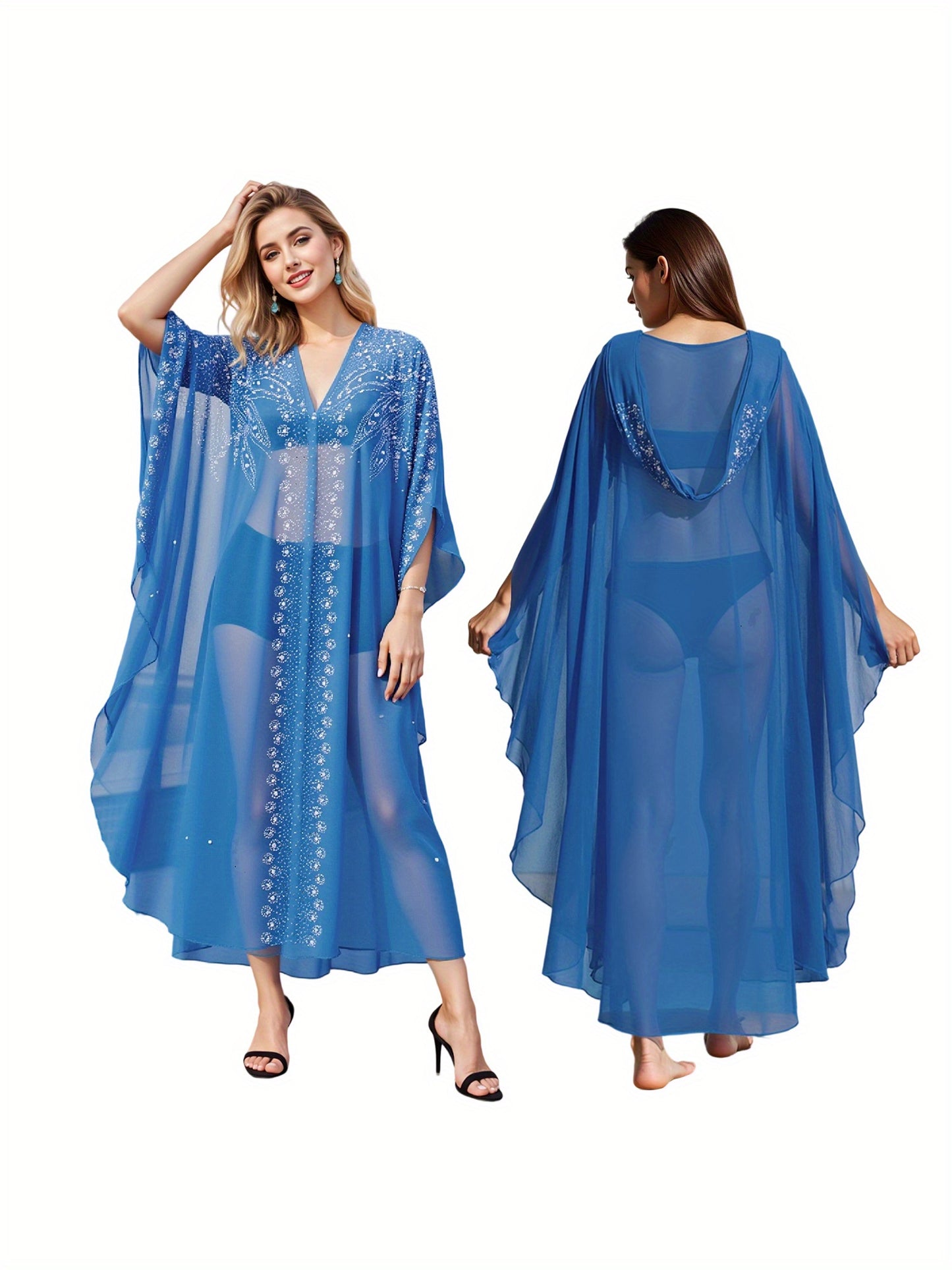 Women's Elegant Long Kaftan Dress with Hooded Rhinestone Cape & Bat Sleeves Abaya - Loose Fit Sheer Beaded Arab-Inspired Gown for All Seasons, Machine Washable
