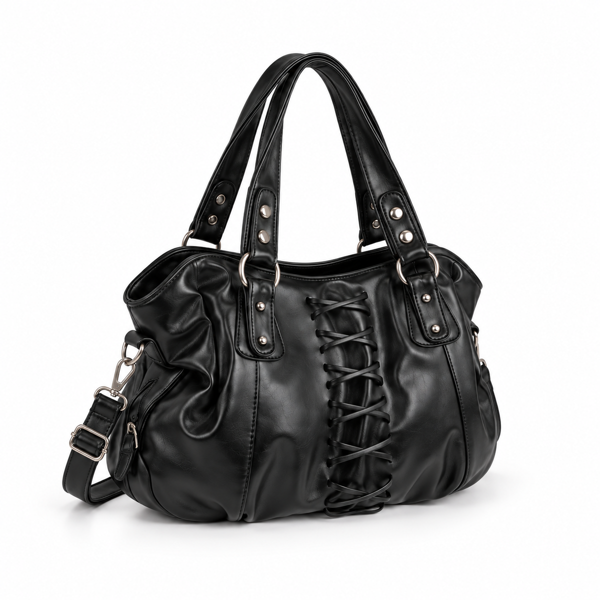 Black Lace-Up Ruched Leather Shoulder HandBag