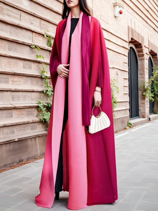 Elegant Plus-Size Gradient Emirati Abaya Robe with Batwing Sleeves - Pink to Purple Transition, Pleated Trench Coat with Lace-Up Detail, High-Stretch Polyester, Machine Washable for Women