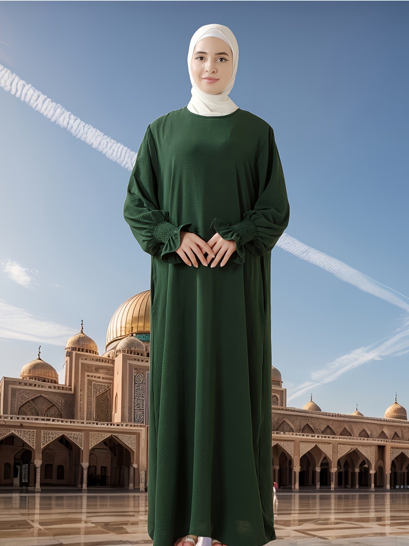 Elegant Long Chiffon Arabic Abaya with Elastic Sleeves - Solid Color, Flowing Design for Muslim Women, Perfect for Ramadan, Eid Al-Fitr, and Eid Al-Adha, Comfortable Spring & Summer Wear