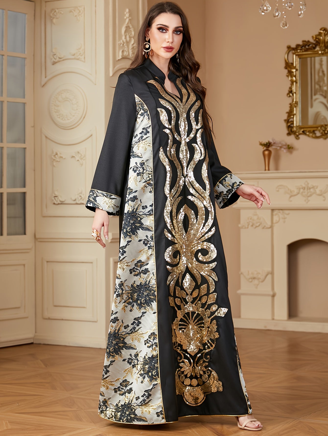 Polyester Long Sleeve A-Line Modern Abaya, Color Block Pattern, Contrast Sequin Design, Non-Stretch Fabric, Woven, 130g/m², with Asymmetrical Hem, for Muslim Women