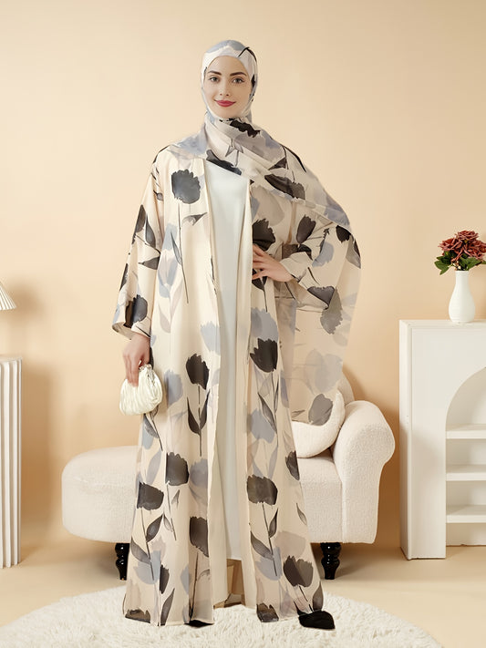 Elegant Floral Print Abaya Set - Lightweight, Open Front Long Robe with Matching Garment, Polyester, Non-Stretch Fabric, Perfect for Summer, Middle Eastern Fashion