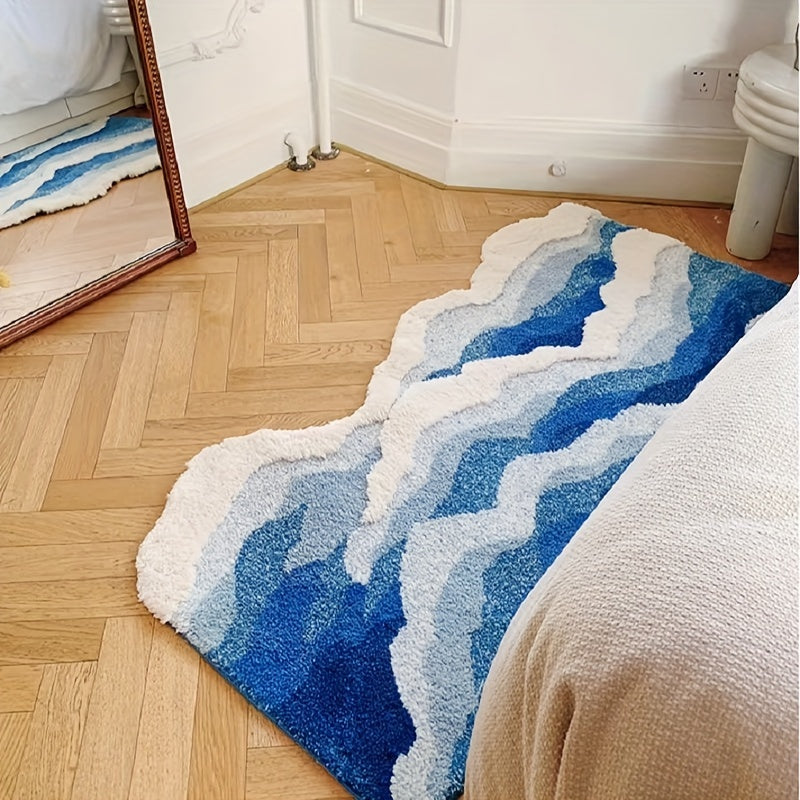 Ultra-Soft Blue Ocean Wave Tufted Rug - Thick, Non-Slip TPR Backing, Absorbent for Bathroom & Living Room Decor