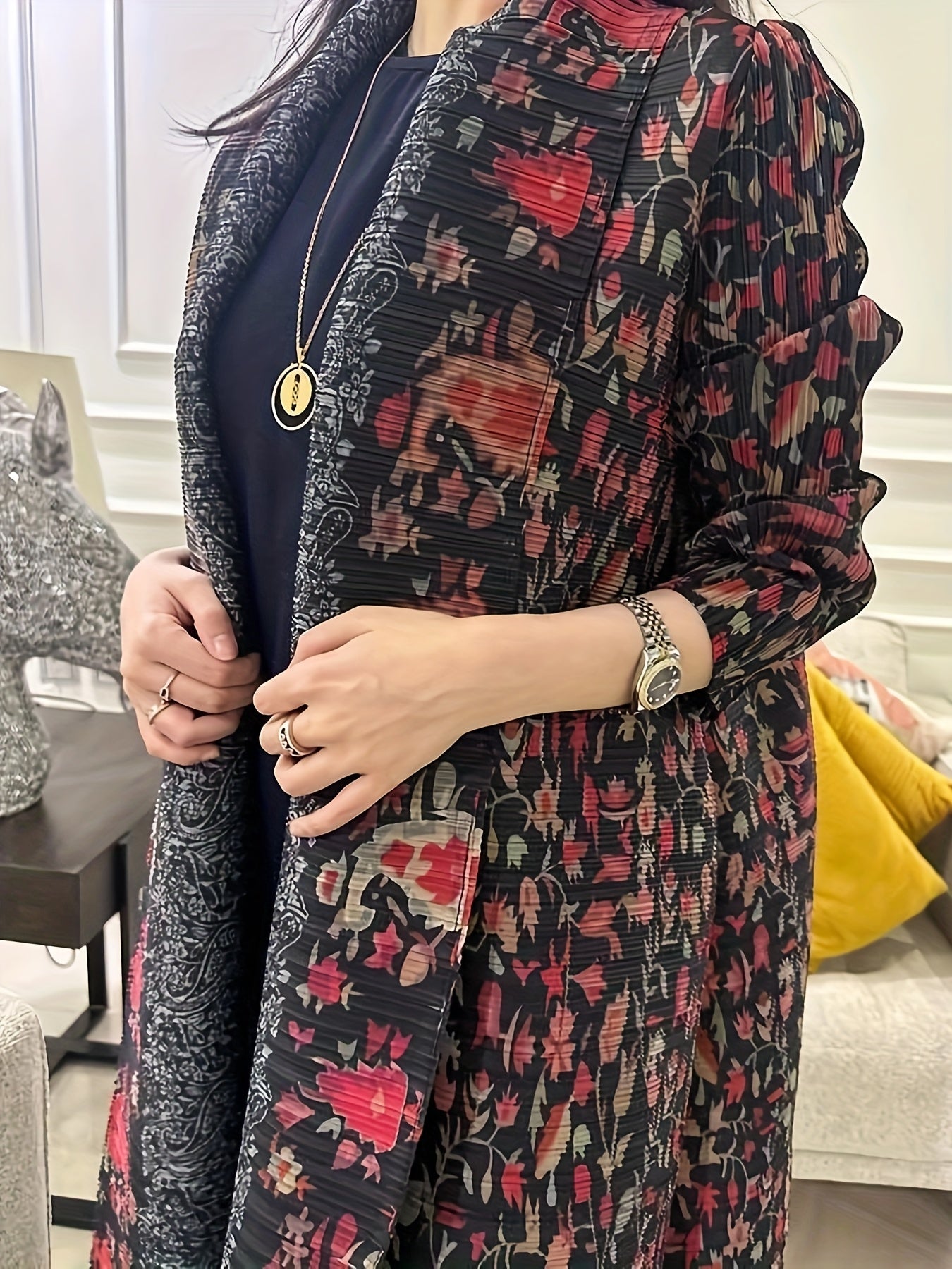 2025 Eid Al-Adha Ready - Stylish Black & Red Floral Print Abaya with Geometric Pattern, Long Sleeve Kaftan Dress for Women, Minimalist Belt Detail, Perfect for Hijabi Fashion
