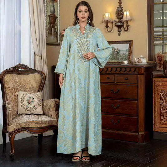 Women's Muslim Formal & Everyday Robe - Elegant Long Abaya Dress with Turquoise & Neutral Tones, Modest Islamic Clothing for Wedding, Party, Casual Attire - High-Quality Fabric, Wedding Attire, Jacquard Embroidery, Luxurious Texture