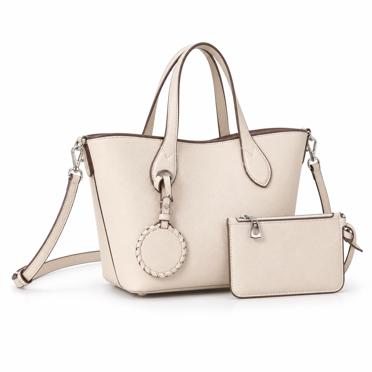 Ivory Textured Tote Bag With Pouch