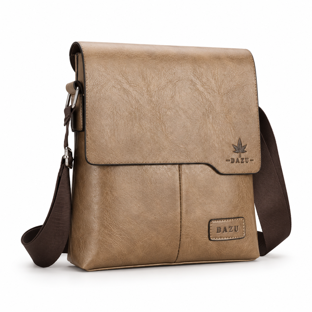 Khaki Textured Leather Crossbody Messenger Bag