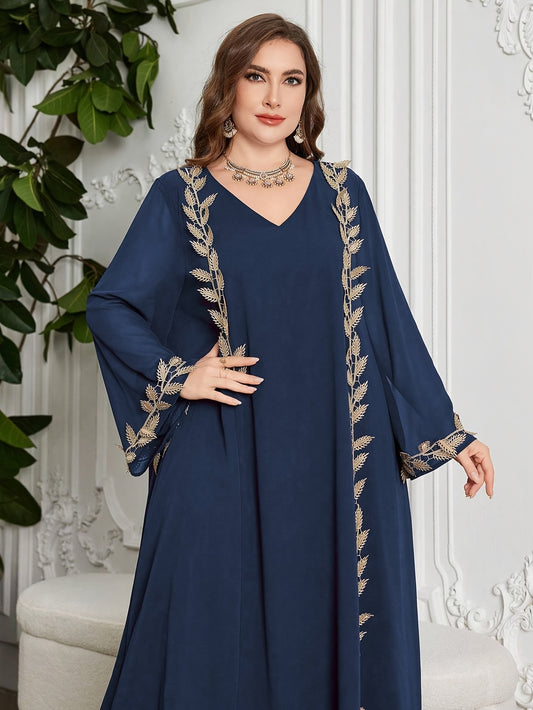 Plus Size, Women's V-Neck Long Sleeve Golden Embroidered Ribbon Chiffon Loose Casual Comfortable Elegant Daily Party Plus Size Arabic Abaya Dress, Modest Kaftan