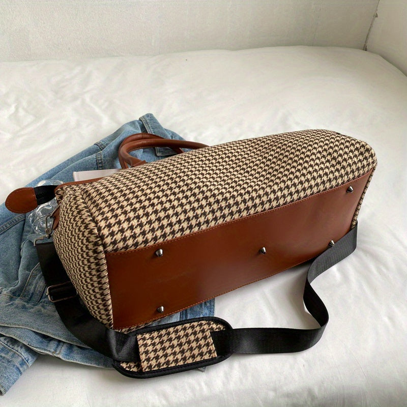 Large Capacity Houndstooth Pattern Sports Bag, Versatile Travel Duffel Luggage Handbag, Trendy Overnight Bag