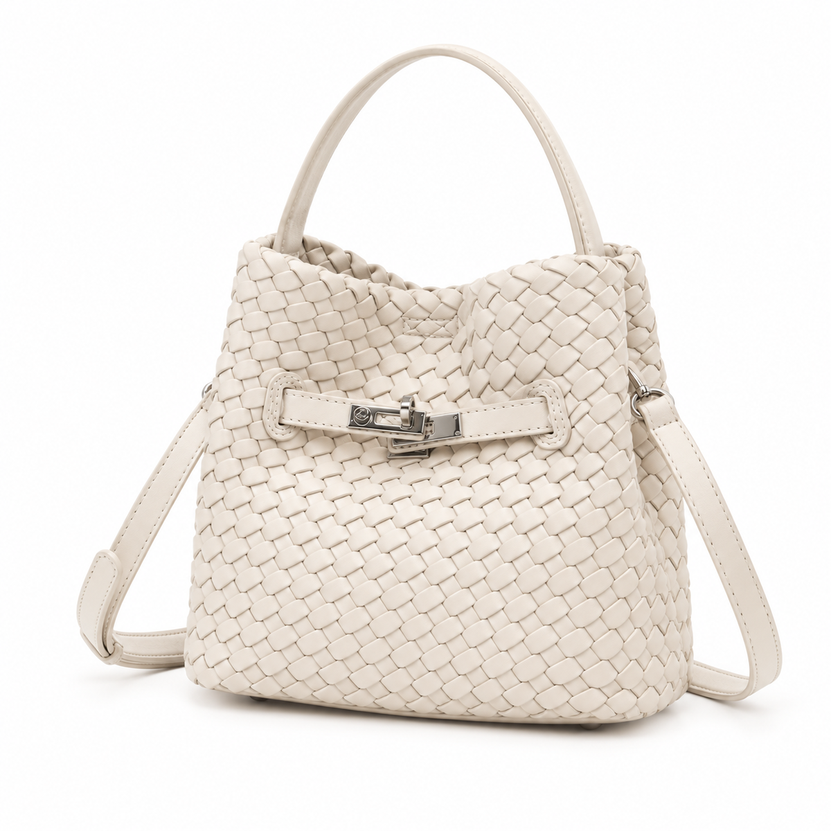 Elegant Ivory Woven Bucket Shoulder Bag