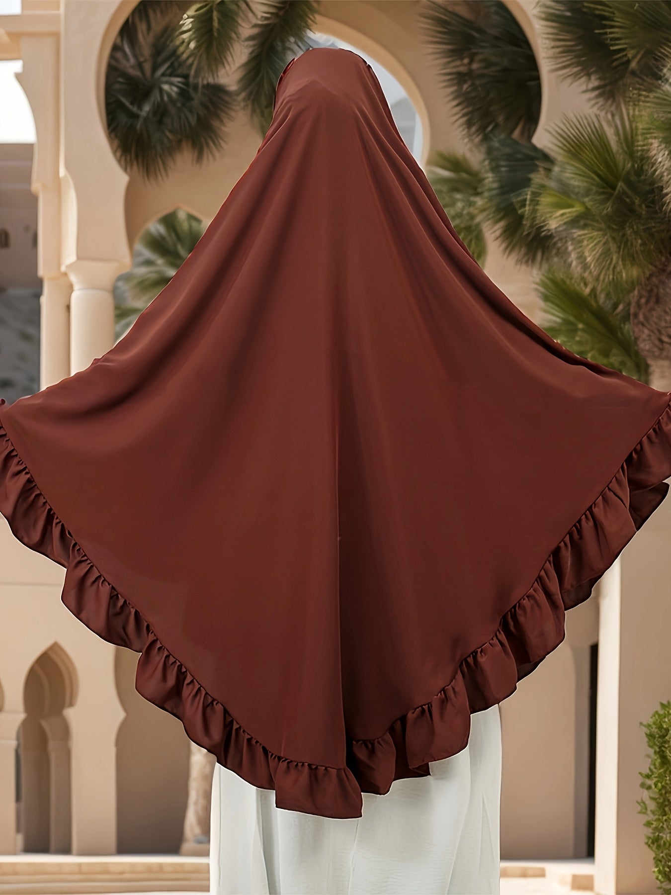 1pc Muslim Prayer Khimar Abaya Burqa - Arabian Style Modest Covering with Ruffled Hem & Wooden Edge, Machine Washable All-Season Solid Color Brown Hijab Scarf, Prayer Shawl for Women
