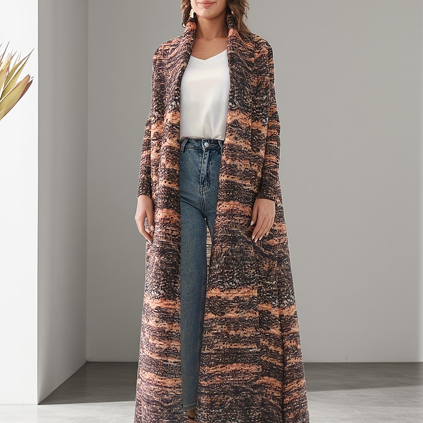 Printed Sleeveless Long Robe Abaya with Leopard Print, Pleated Detailing & Adjustable Waist Belt - Machine Washable Mid-Stretch Fabric for All-Season Wear, Versatile Outerwear, Flowing Silhouette