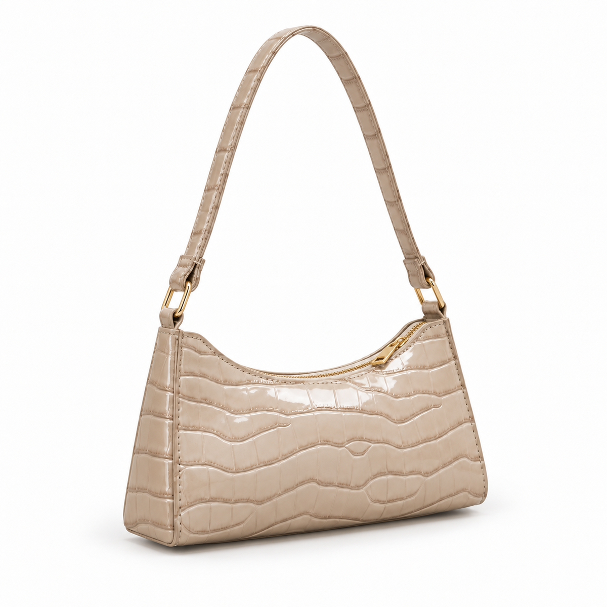 Glossy Croc Embossed Beige Shoulder Bag