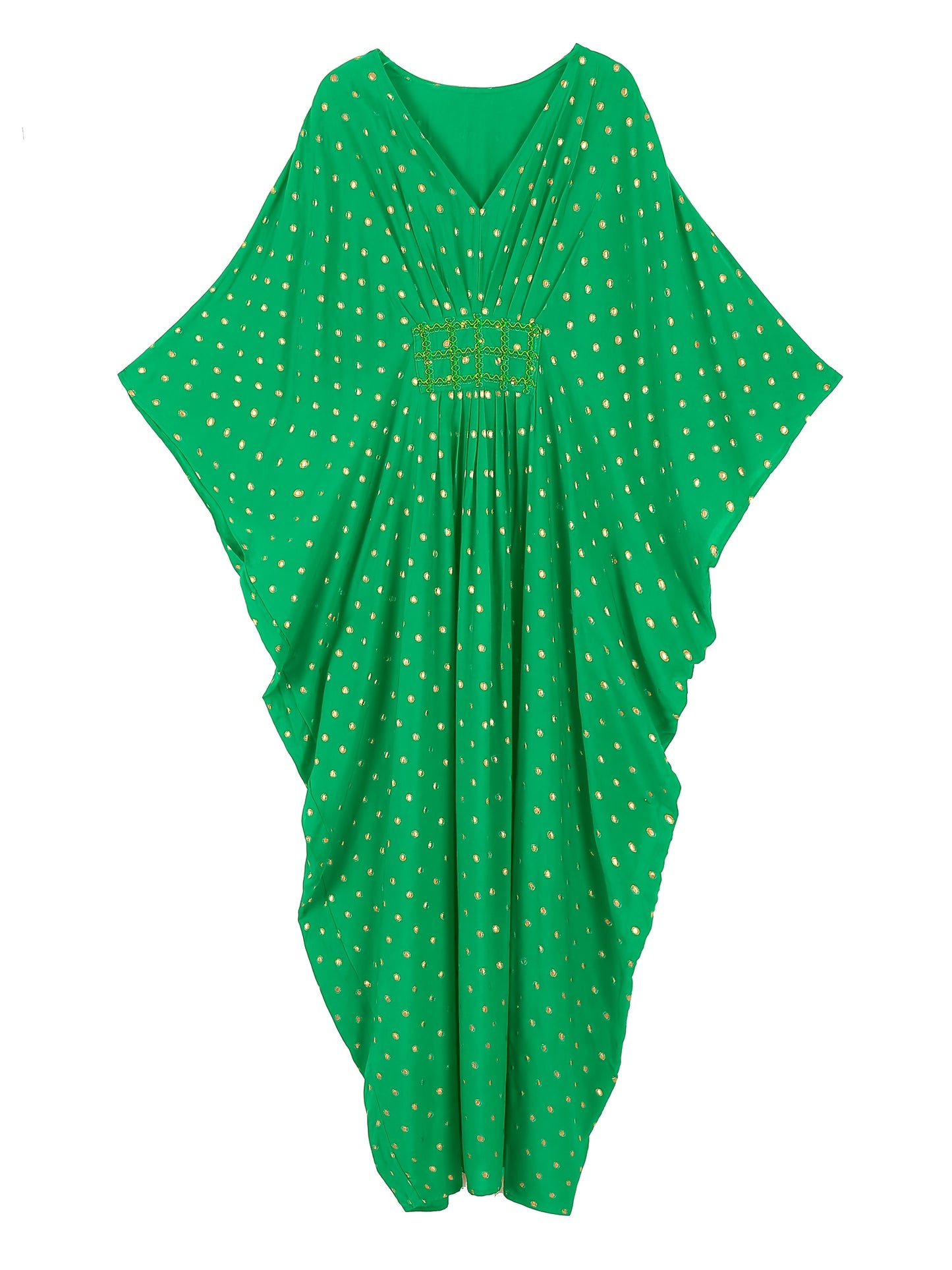 EDOLYNSA V-Neck Elegant Green Waist-Cinched Side-Draped Polka Dot Long Batwing Sleeve Dress, Middle Eastern Fashion Loose Cover-Up Kaftan Robe Q1804