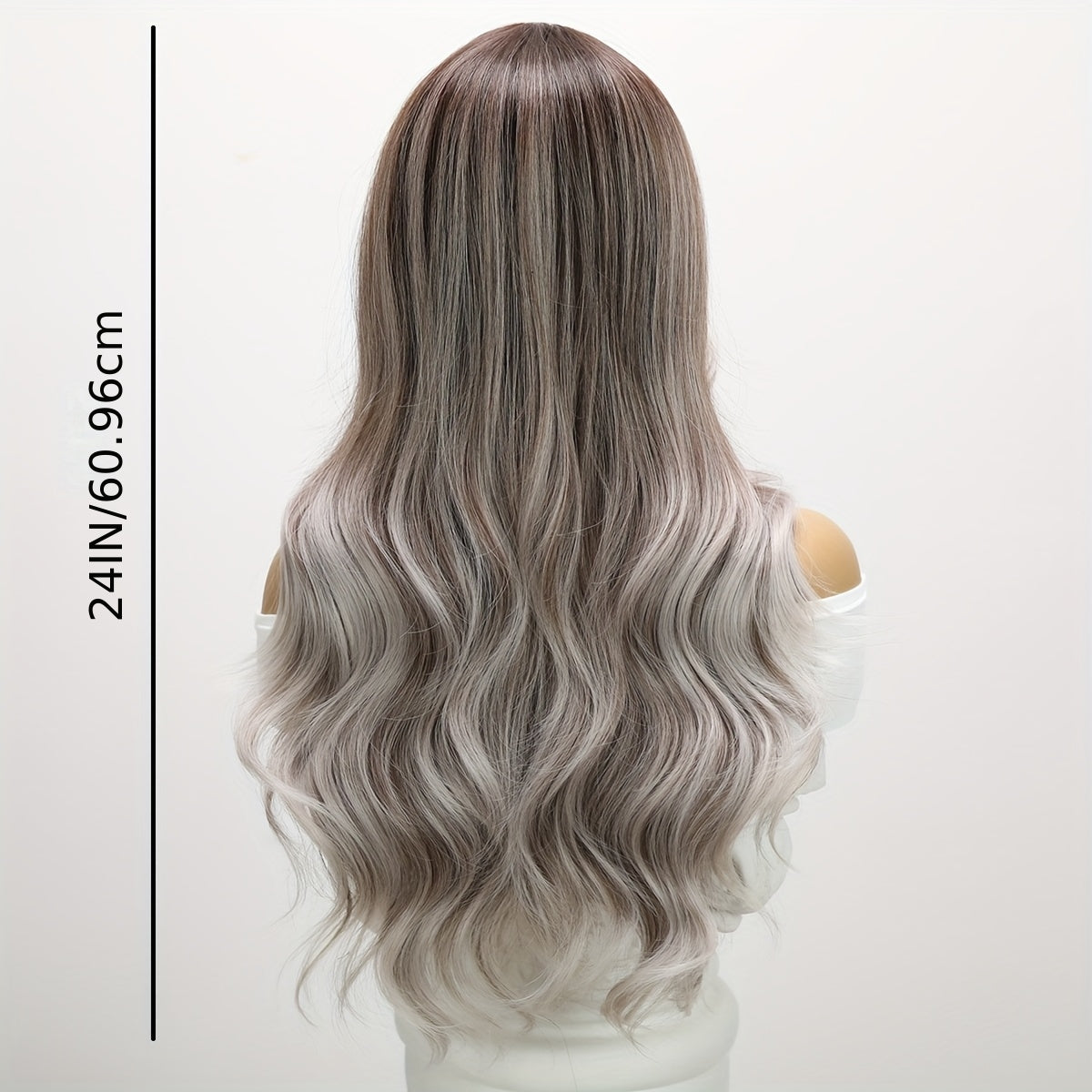 24-Inch Wavy Balayage Wig Featuring an Ash Brown to Grey Ombre, Made from Heat-Friendly Fibers, with an Adjustable Rose Net Cap, Offering a Appearance Suitable for All Ethnic Backgrounds, Perfect for Parties And Festivals