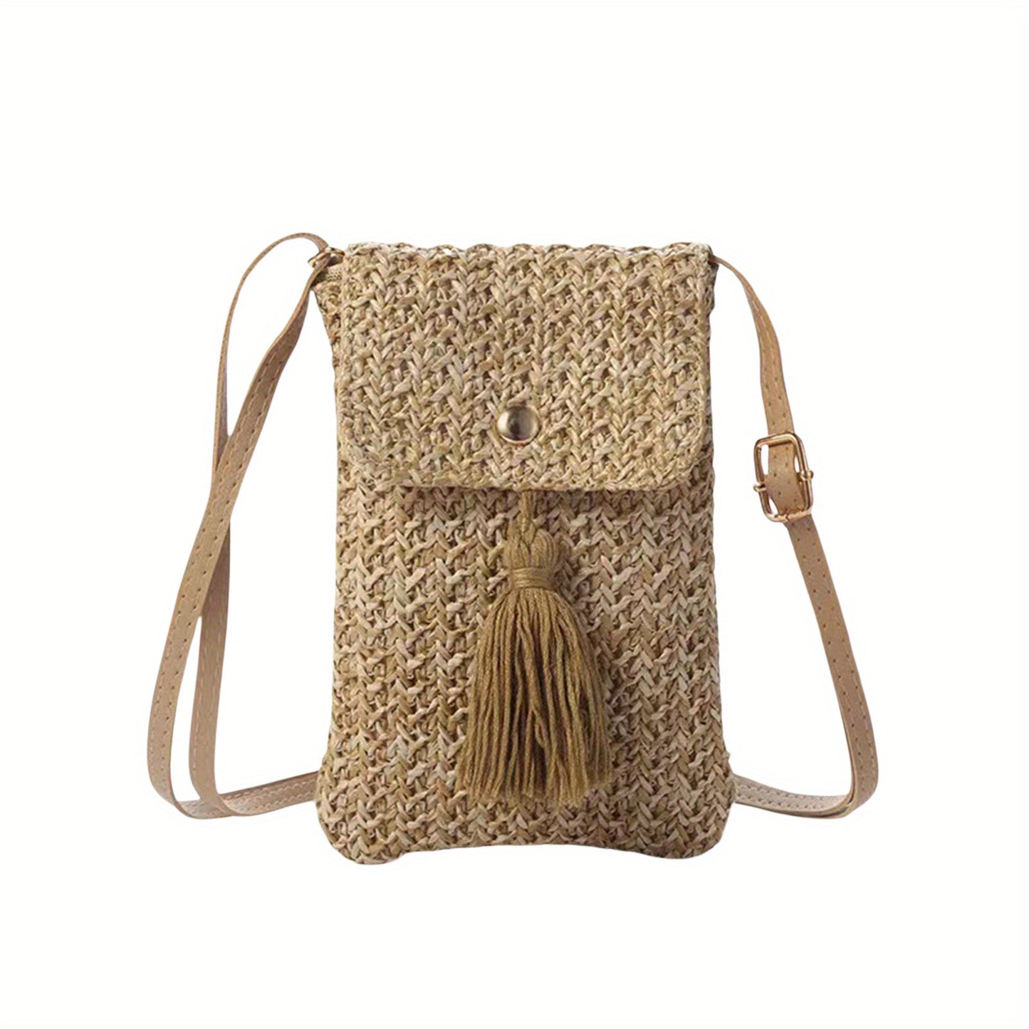 Women's Chic Beige Woven Crochet Crossbody Bag with Adjustable Strap, Tassel Detail & Magnetic Closure - Lightweight Fabric Phone Purse