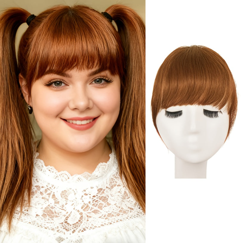 1pc Women'S Natural Brown Human Hair Clip-In Bangs Wig - Soft Wavy with Straight Ends, Secure Clip-In Design, Natural Hairline & Easy Wear