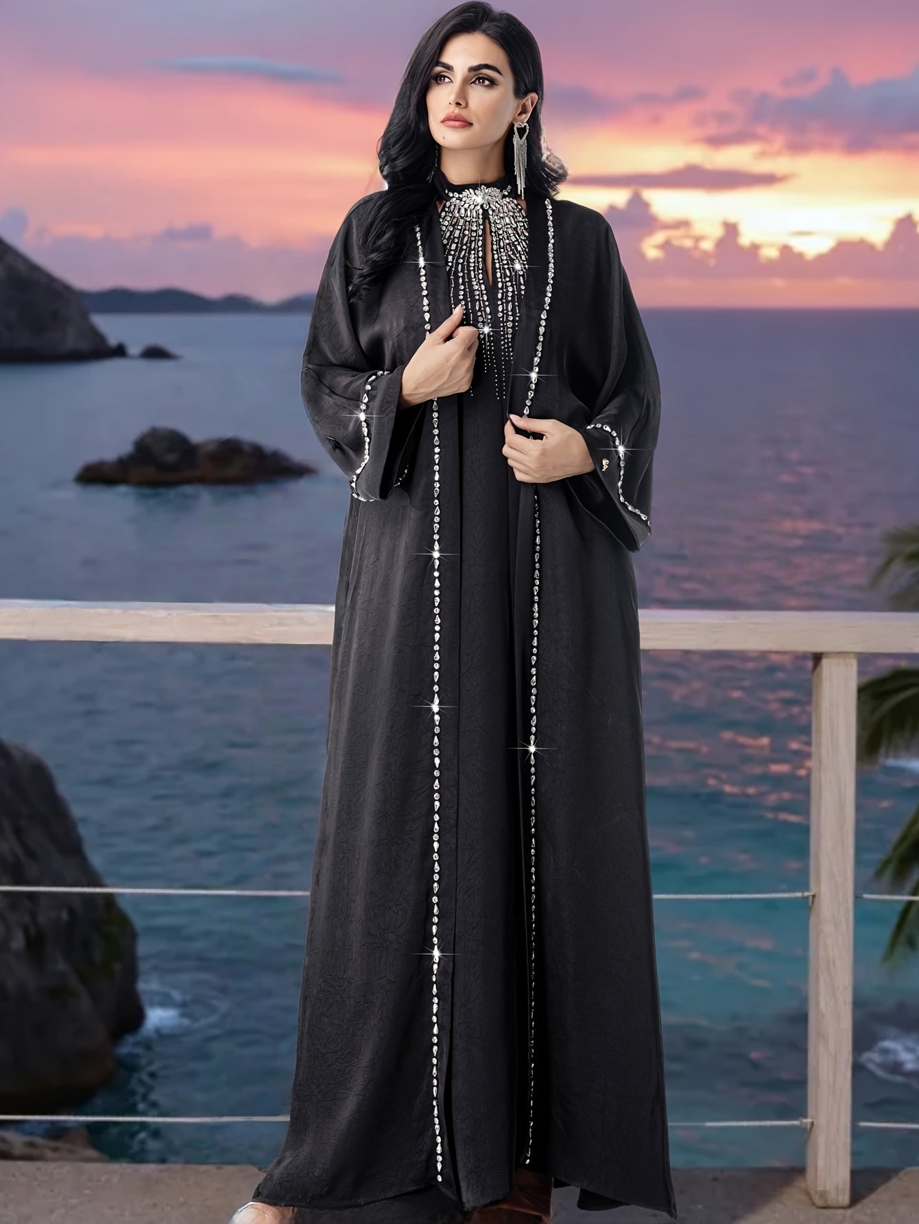 Arabian Style Black Abaya Two-Piece Set! with Rhinestone Embellishments, Luxurious and Elegant