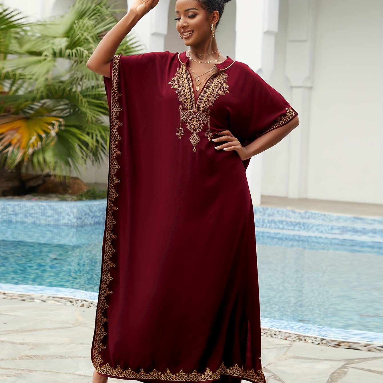 Batwing Sleeve House Kaftan Dress | Embroidery Batwing Sleeve House Kaftan Dress