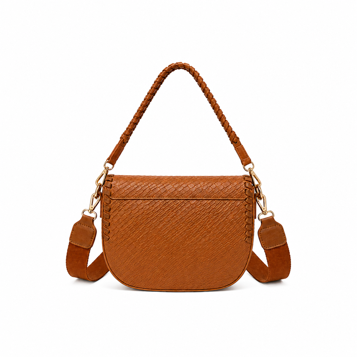 Cognac Woven Leather Braided Saddle Bag